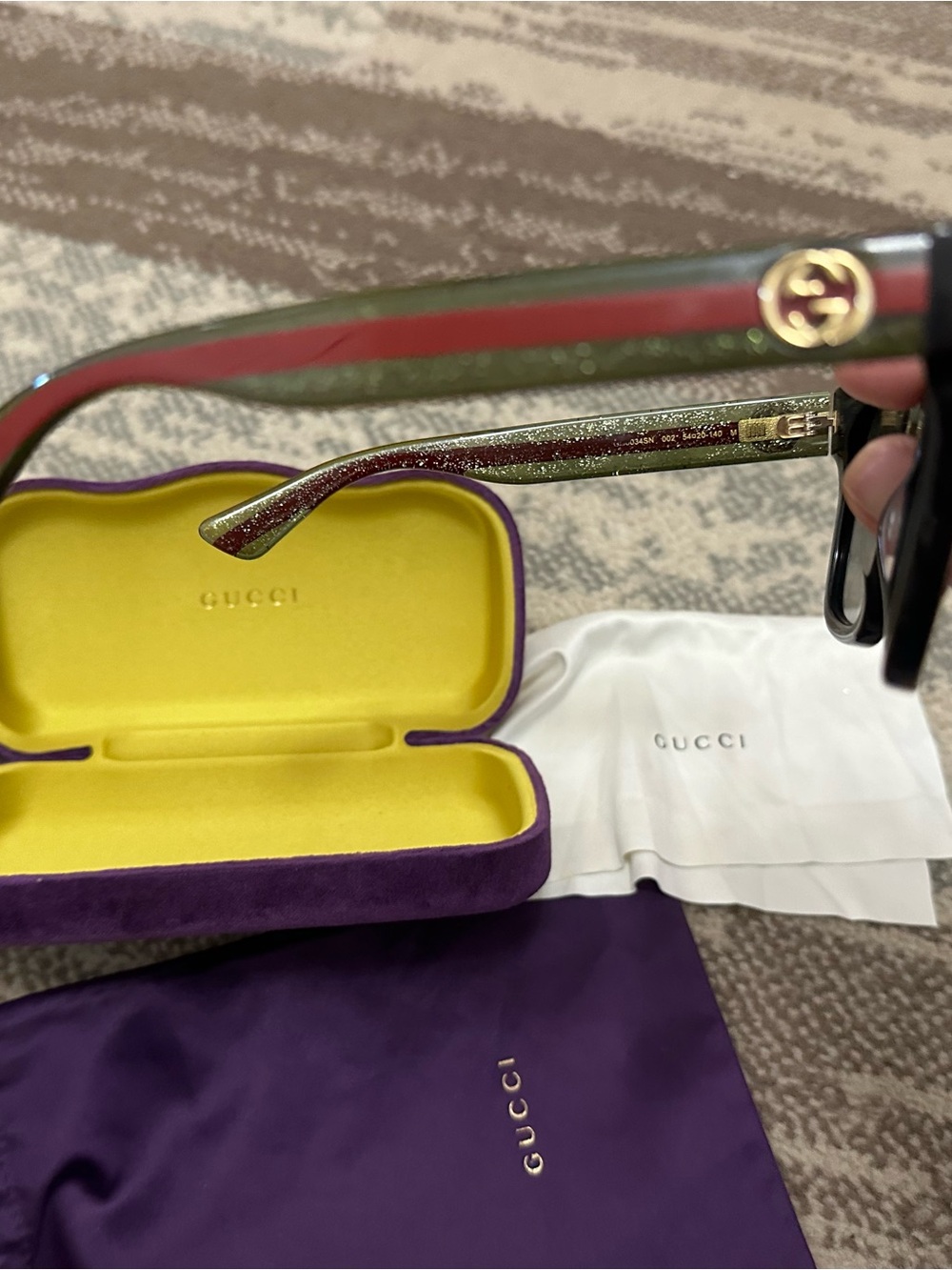 Authentic Gucci Women’s Red and Green Sunglasses with Gold Logo Accent